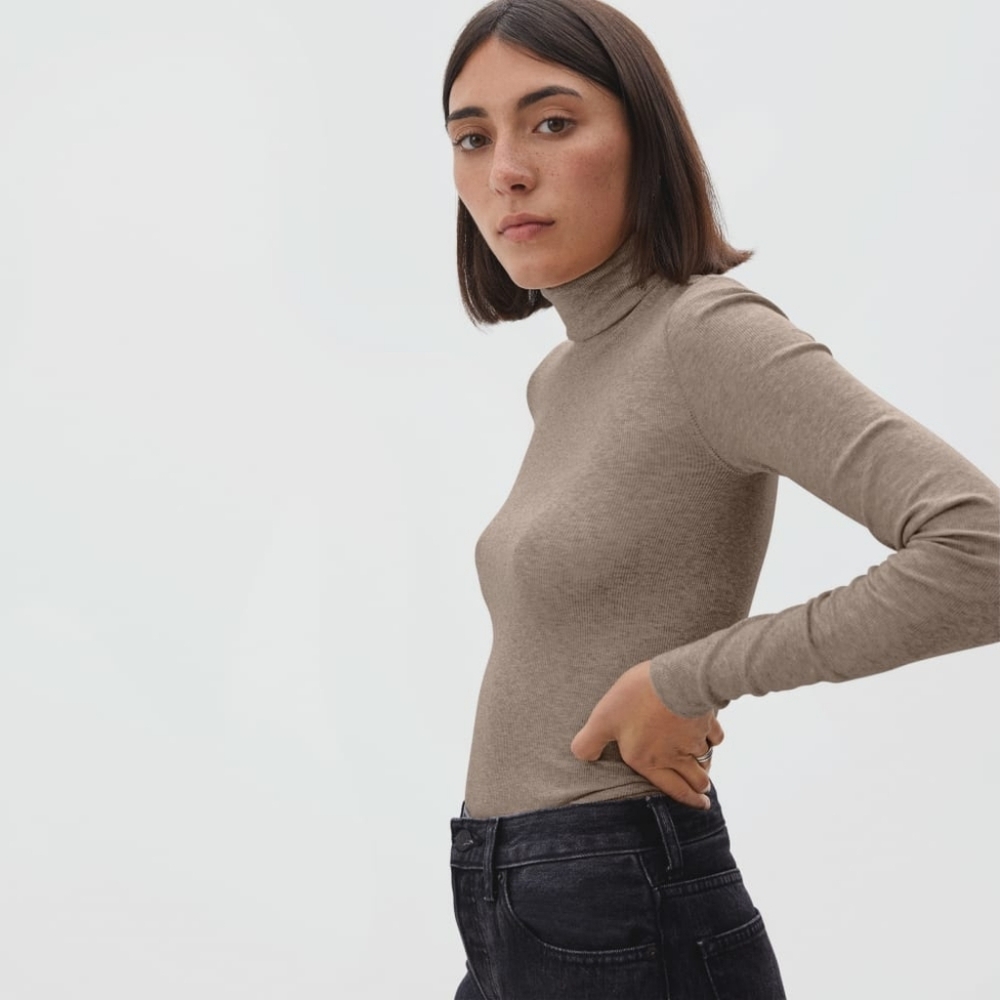Everlane Shirt Womens Brown Supima Micro Luxe Rib Long Turtleneck Pima